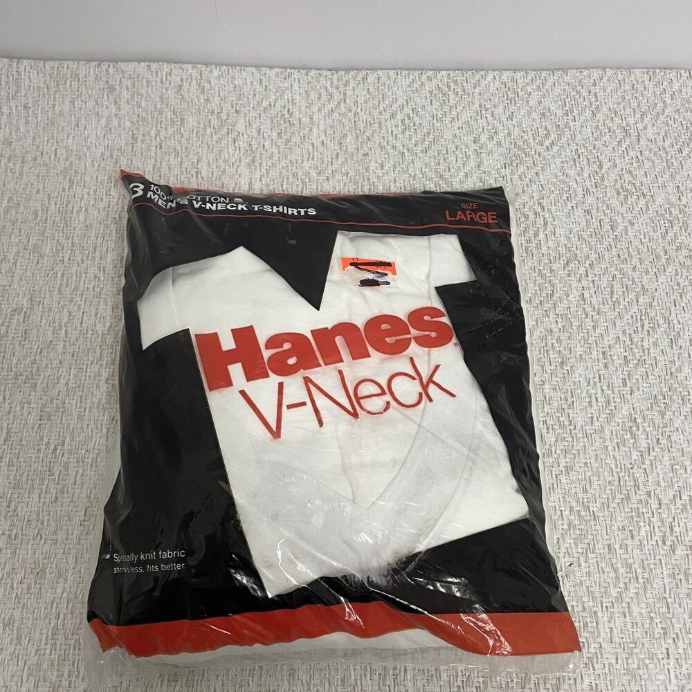 Vintage Hanes V Neck Mens L White T Shirt Made In USA 100% Cotton NIP